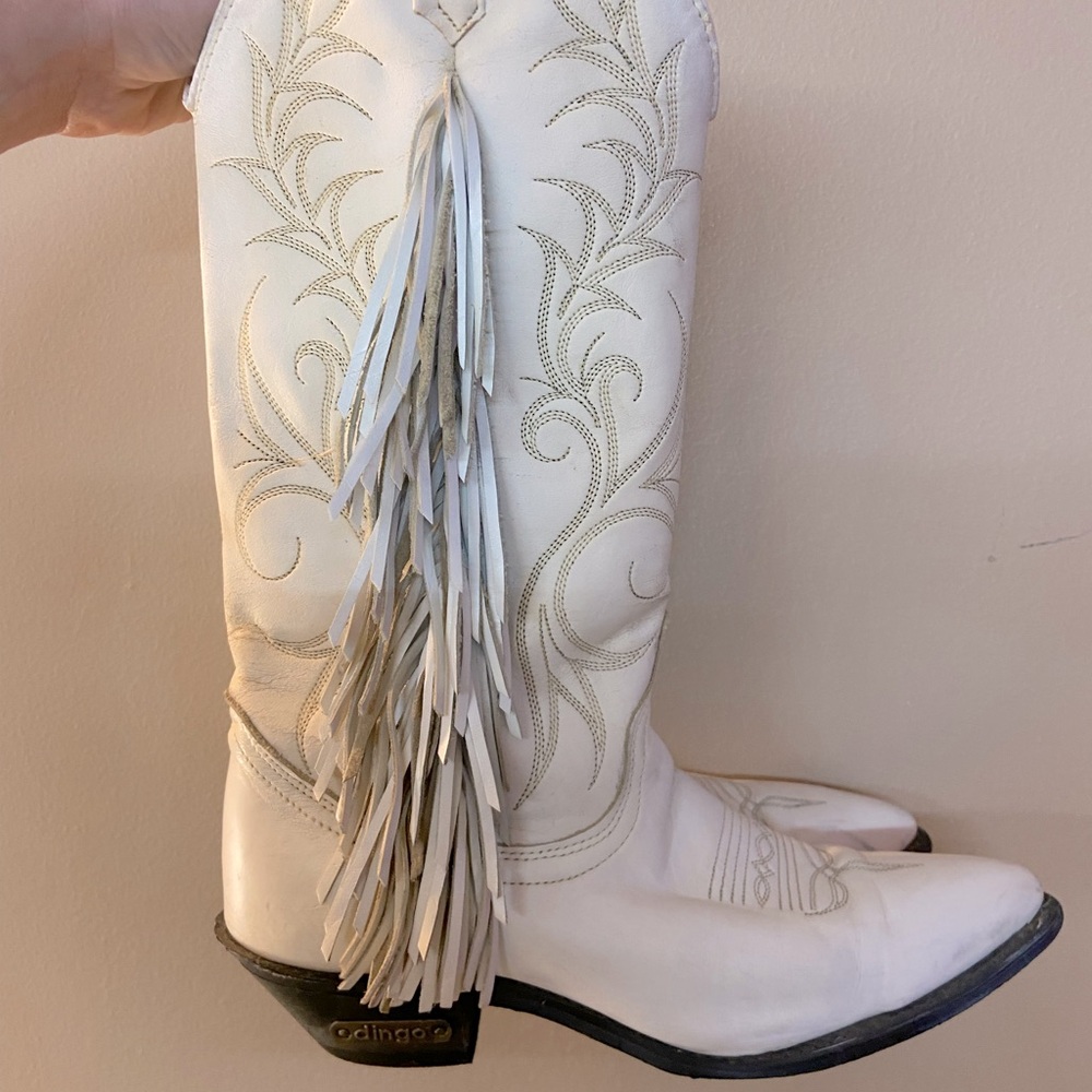 DINGO FRINGE WHITE TALL COWBOY FESTIVAL WESTERN MADE IN USA BOOTS